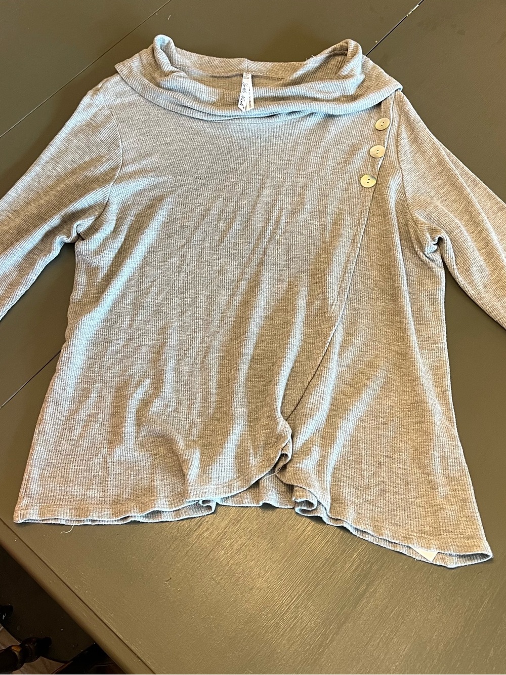 Leo & Nicole Light Gray Cowl Neck Knit Top with Side Button Accents